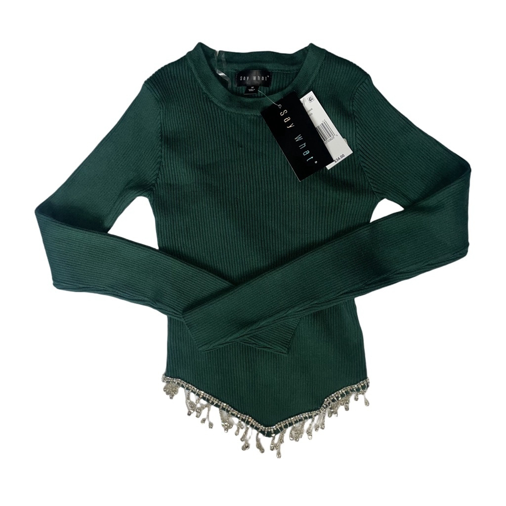 Women's Say What Green Ribbed Long Sleeve Tee M with Silver Fringe